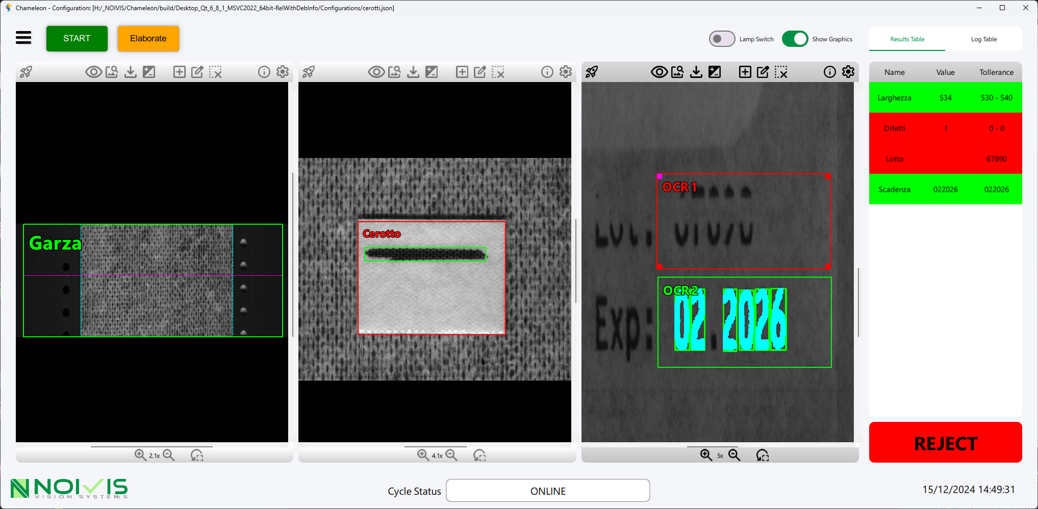 Interfaccia Chameleon Vision Studio: vista multi-camera con ispezione in tempo reale